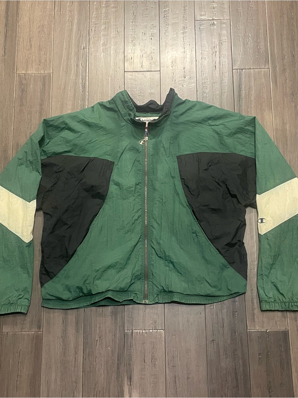 Vintage Champion Windbreaker Jacket XXL Green Black Colorblock 90s Full Zip